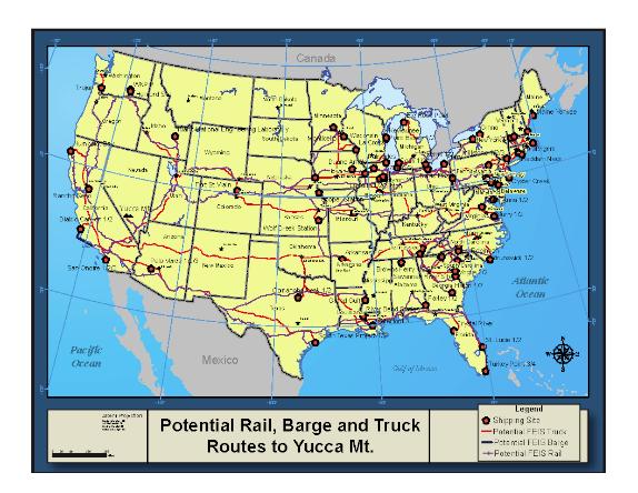 Map of Nuclear Waste Transport Routes to Yucca