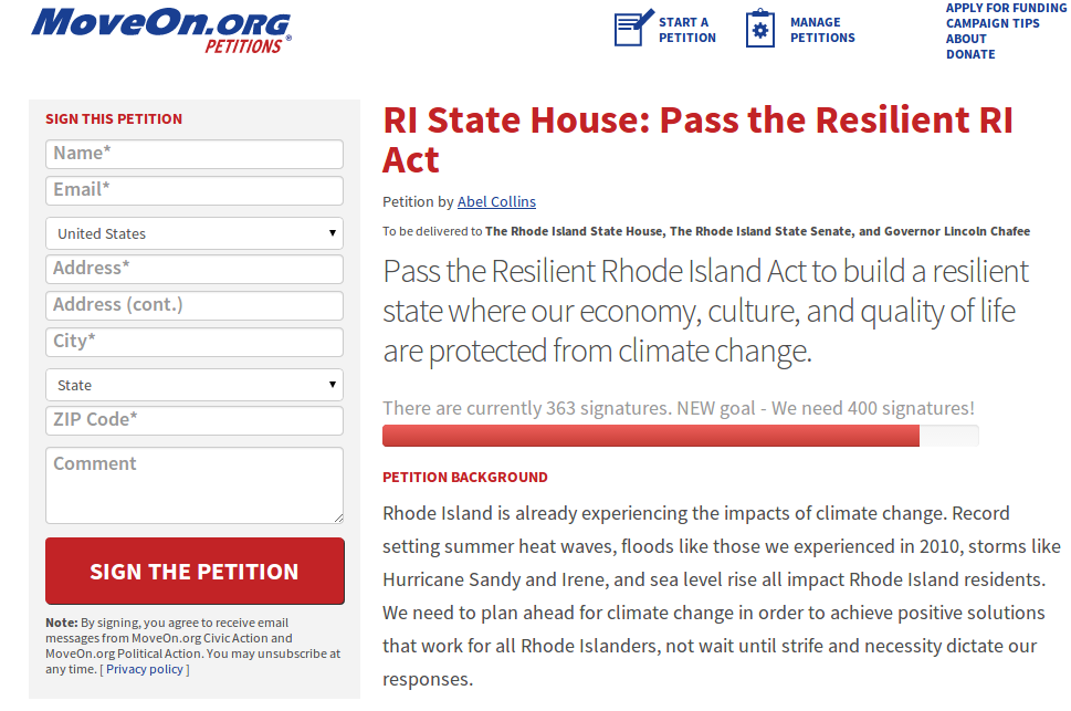 MoveOn Petitions   RI State House  Pass the Resilient RI Act